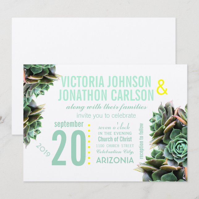 Mint and Yellow Succulent Modern Wedding Invitation (Front/Back)