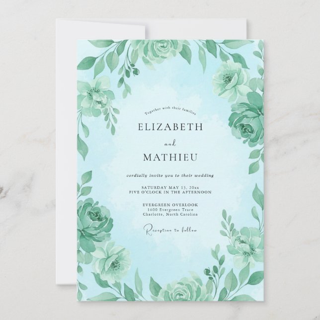 Mint Aqua Antique Rose Wedding Invitation (Front)
