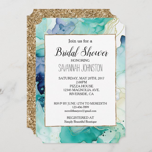 Mint Aqua Blue Ink Marble Invitation (Front/Back)
