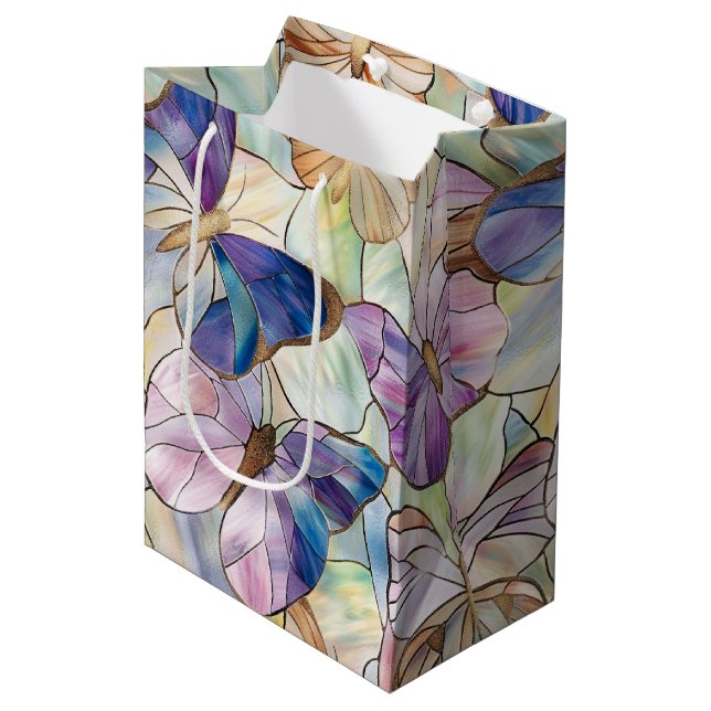 Mint Aqua Blue Purple Butterflies Medium Gift Bag (Front Angled)