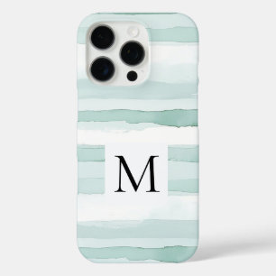 Mint Aqua Blue White Stripes Monogram  iPhone 16 Pro Case