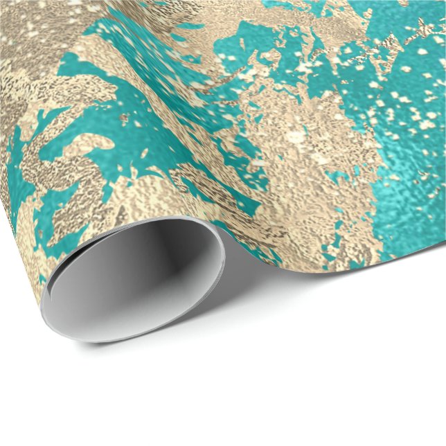 Mint Aqua Champaigne Gold Marble Metallic Strokes Wrapping Paper (Roll Corner)
