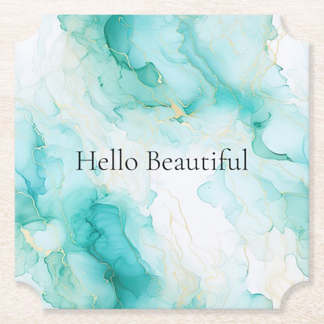 Mint Aqua Glam Elegant Gold Marble Paper Coaster (Front)