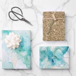 Mint Aqua Glam Elegant Gold Marble Wrapping Paper Sheet
