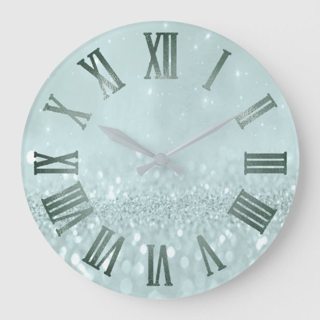 Mint Aqua Glitter Gray Metallic Roman Numers Large Clock (Front)