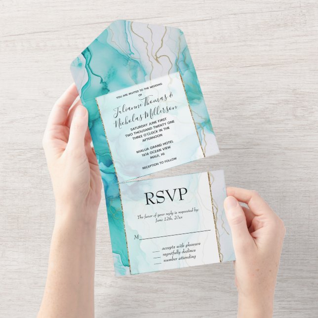 Mint Aqua Gold Ink Marble All In One Invitation (Tearaway)