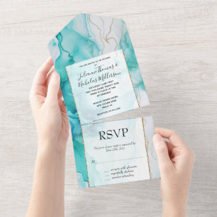 Mint Aqua Gold Ink Marble All In One Invitation