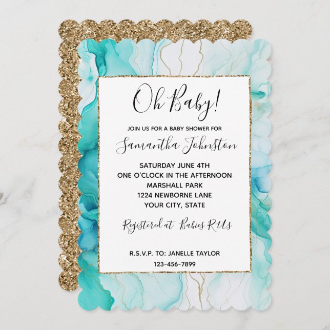 Mint Aqua Gold Ink Marble Invitation (Front/Back)
