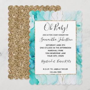 Mint Aqua Gold Ink Marble Invitation