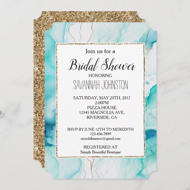 Mint Aqua Gold Ink Marble Invitation (Front/Back)