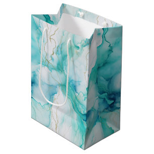 Mint Aqua Gold Ink Marble Medium Gift Bag