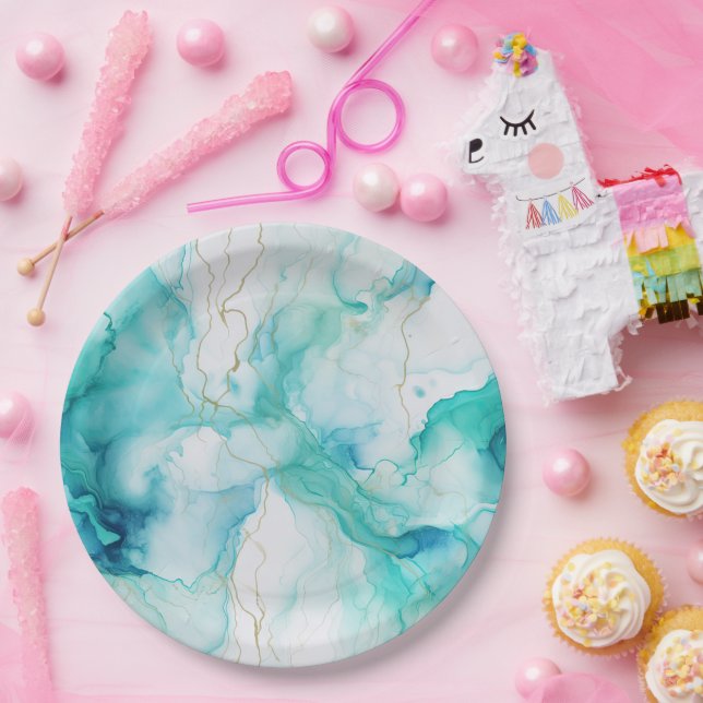 Mint Aqua Gold Ink Marble Paper Plate (Party)
