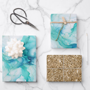 Mint Aqua Gold Ink Marble Wrapping Paper Sheet