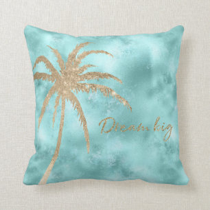 Mint Aqua Gold Palm Tree Glitter Dream Cushion