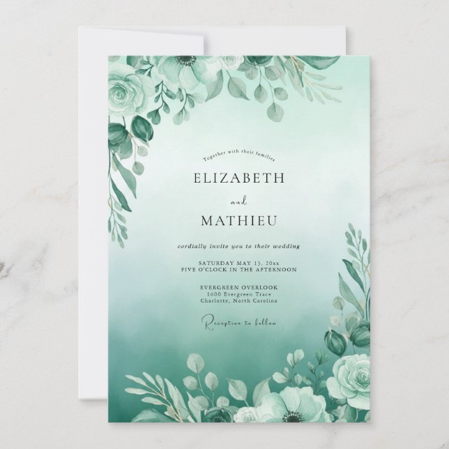 Mint Aqua Greenery Wedding Invitation (Front)