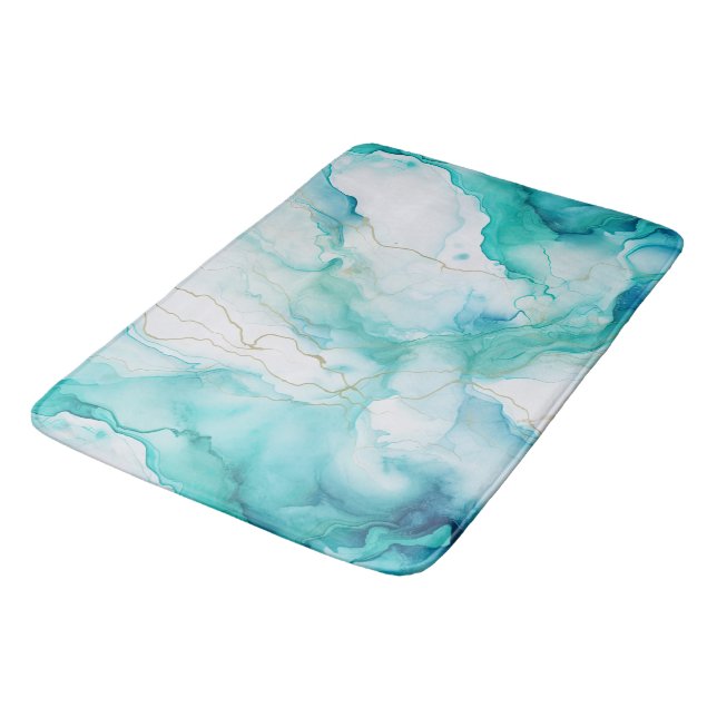 Mint Aqua Ink Marble Bath Mat (Angled)