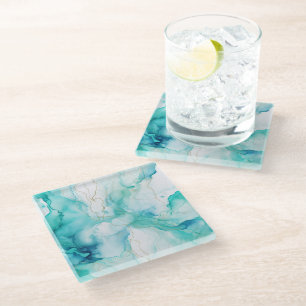 Mint Aqua Ink Marble Glass Coaster