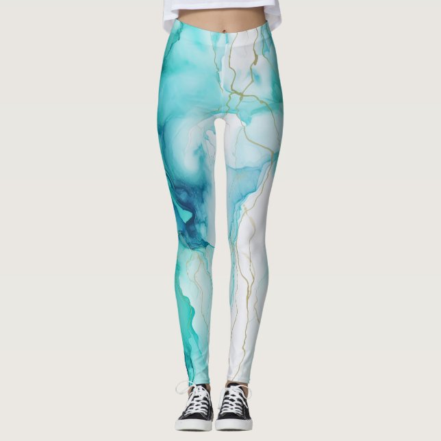 Mint Aqua Ink Marble Leggings (Front)