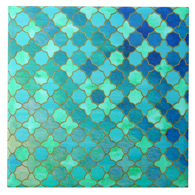 Mint Aqua Teal Gold Oriental Moroccan Tile pattern (Front)