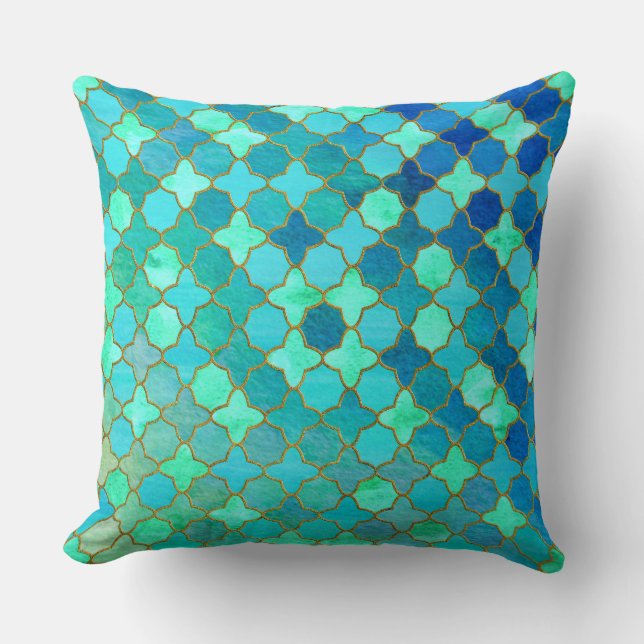 Mint Aqua Teal Gold Oriental Moroccan Tile pattern Cushion (Front)