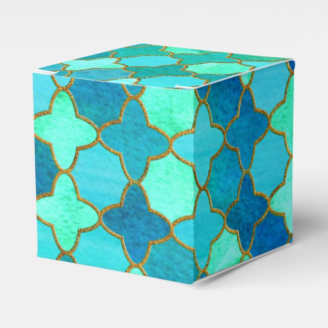 Mint Aqua Teal Gold Oriental Moroccan Tile pattern Favour Box (Front Side)