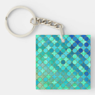 Mint Aqua Teal Gold Oriental Moroccan Tile pattern Key Ring