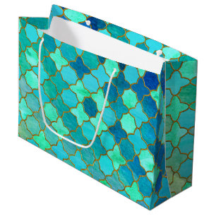 Mint Aqua Teal Gold Oriental Moroccan Tile pattern Large Gift Bag