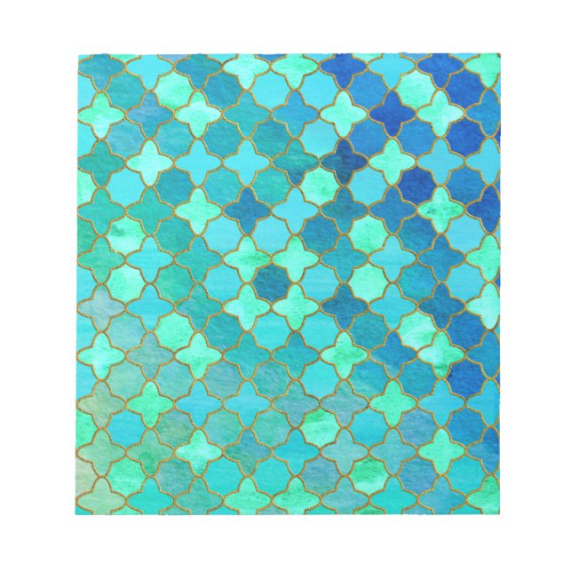 Mint Aqua Teal Gold Oriental Moroccan Tile pattern Notepad (Front)