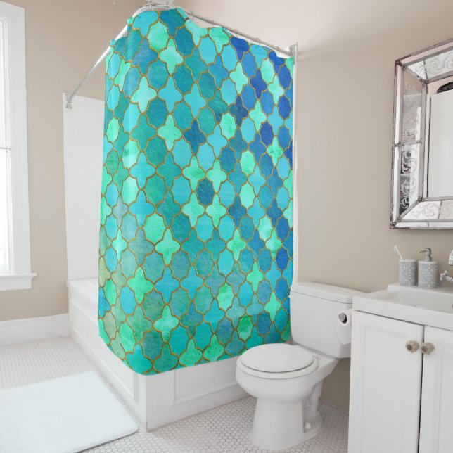 Mint Aqua Teal Gold Oriental Moroccan Tile pattern Shower Curtain (In Situ)