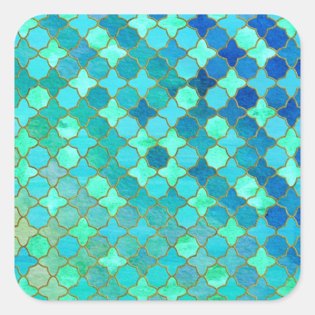 Mint Aqua Teal Gold Oriental Moroccan Tile pattern Square Sticker (Front)