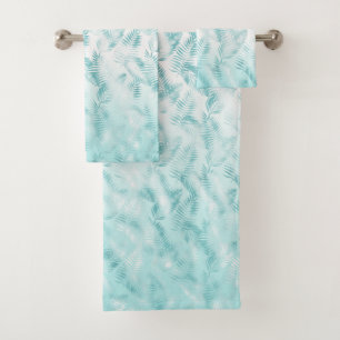 Mint Aqua White Tropical Leaves     Bath Towel Set