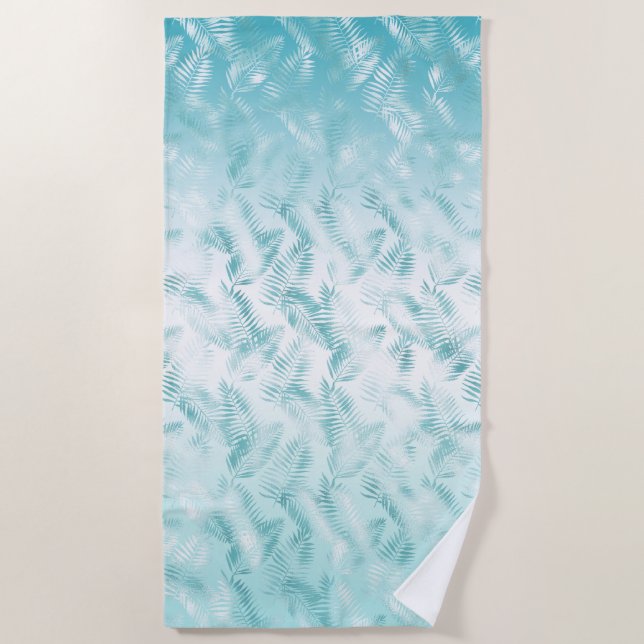 Mint Aqua White Tropical Leaves    Beach Towel (Front)