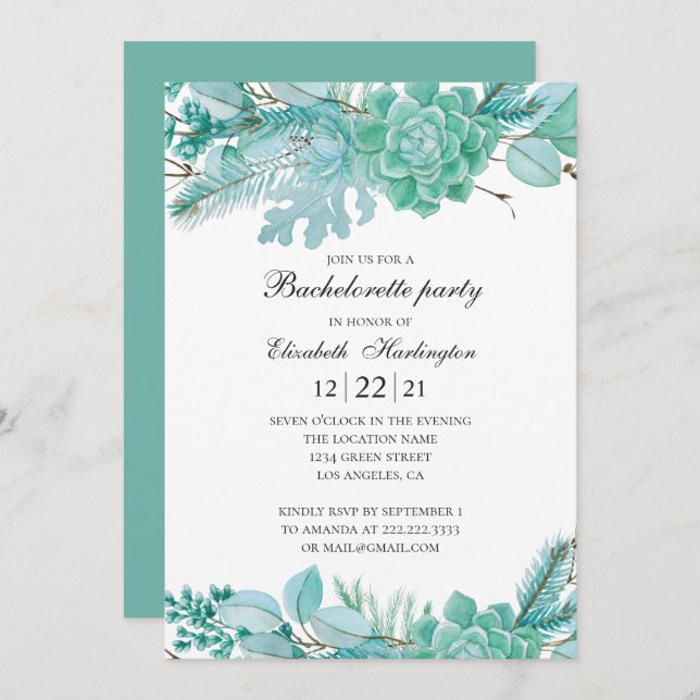 Mint bachelorette party. Watercolor succulents Invitation (Front/Back)