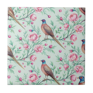 Mint Background Songbirds & Pink Flowers Ceramic Tile