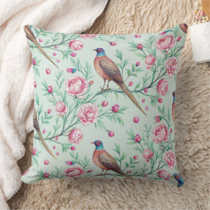 Mint Background Songbirds & Pink Flowers Cushion
