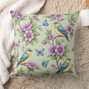 Mint Background Songbirds & Purple Flowers Cushion