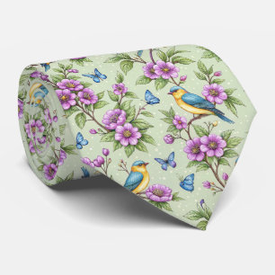 Mint Background Songbirds & Purple Flowers Tie