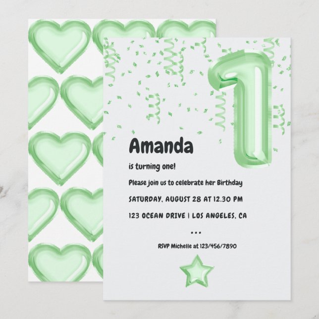 Mint Balloon 1st Birthday Invitation (Front/Back)