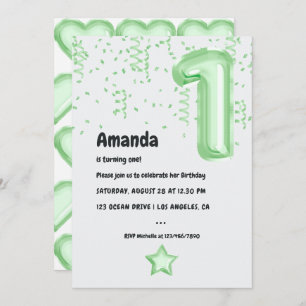 Mint Balloon 1st Birthday Invitation