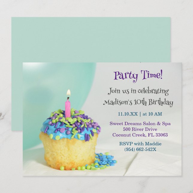 Mint Balloon blue cupcake Birthday Invitation  (Front/Back)