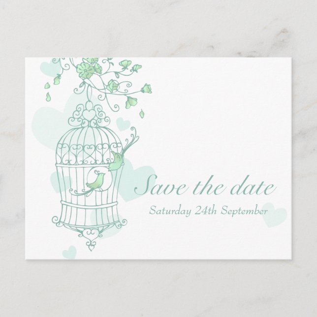 Mint birds open cage wedding save the date card (Front)