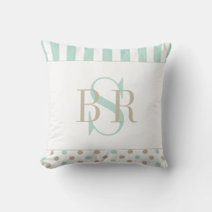 MINT BISQUE DOTS STRIPES Monogrammed Pillow