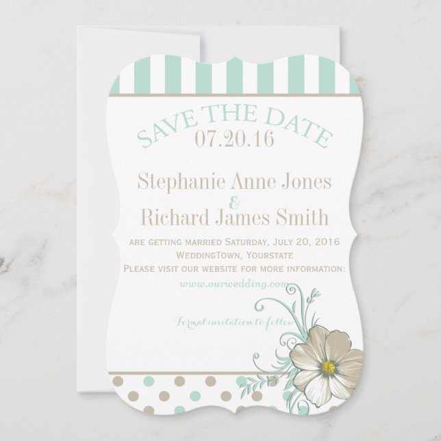 MINT BISQUE DOTS STRIPES Save the Date Invitation (Front)