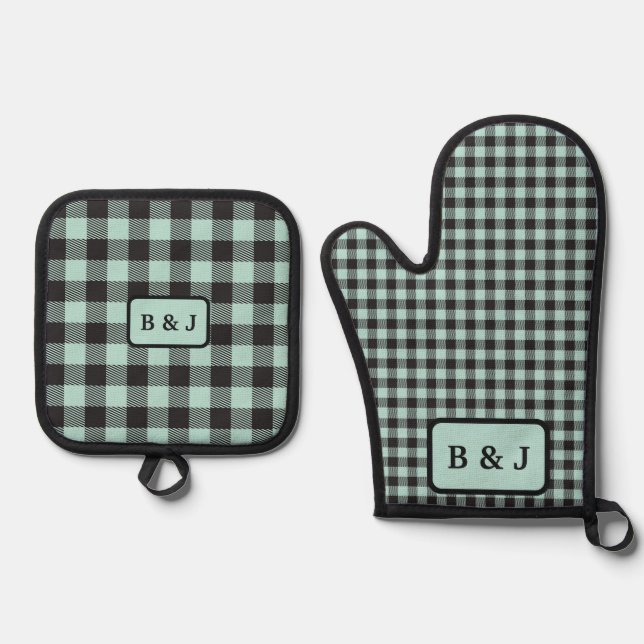 Mint & Black Buffalo Plaid Monogram Initials | Oven Mitt & Pot Holder Set (Front)