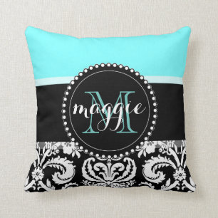 Mint Black Damask Girly Monogram Cushion