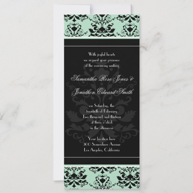 Mint & Black Damask Slim Wedding Invite (Front)
