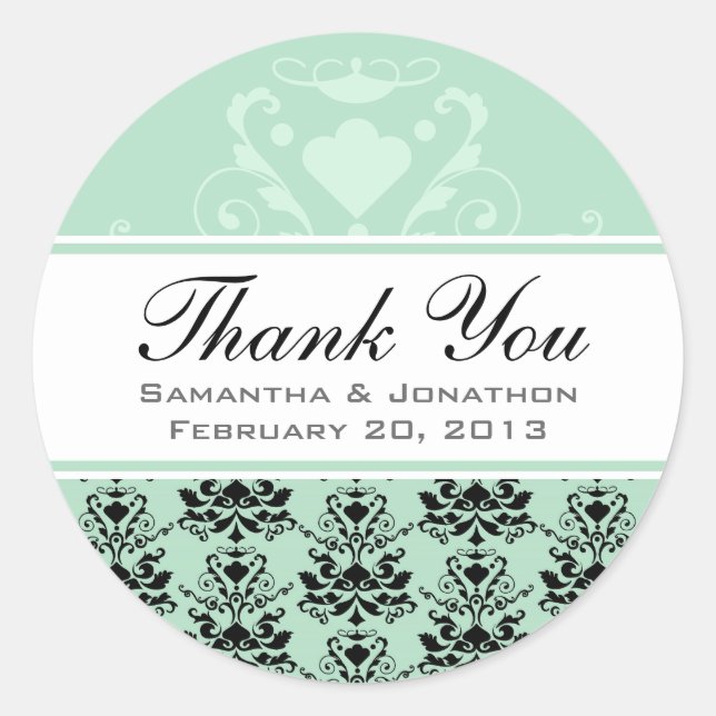 Mint & Black Damask w/ White Wedding Favour Labels (Front)