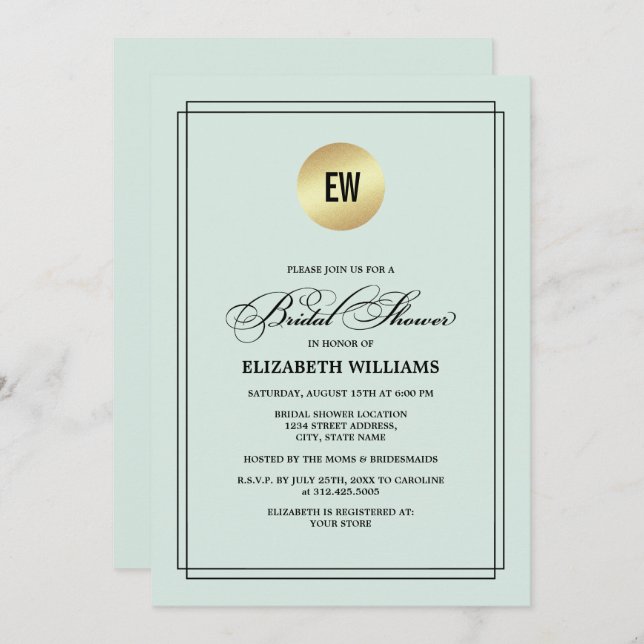 Mint | Black Elegant Minimalist Bridal Shower  Invitation (Front/Back)