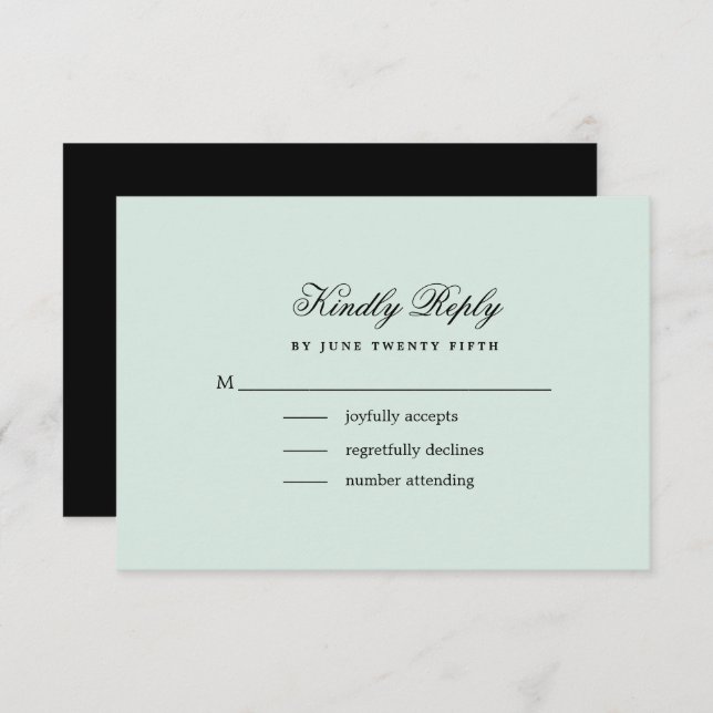 Mint | Black Elegant Minimalist Wedding RSVP Card (Front/Back)