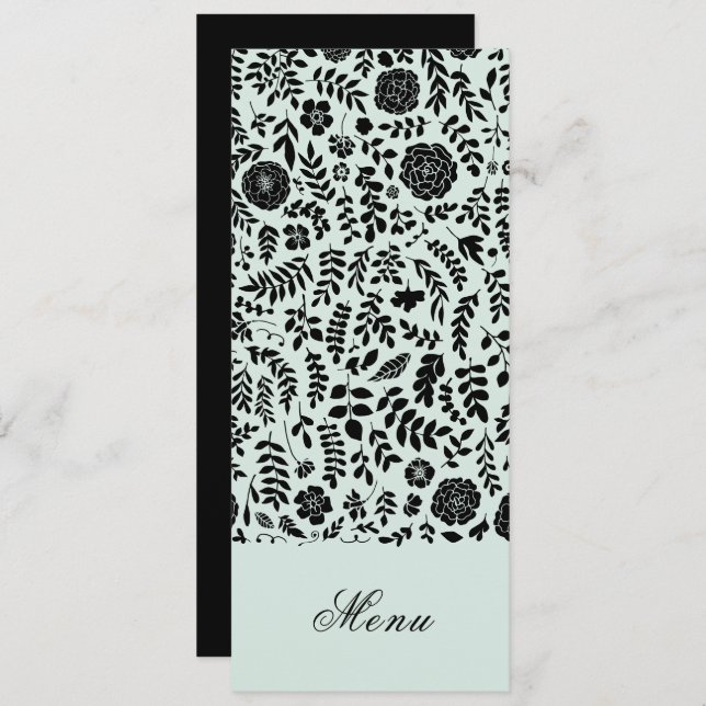 Mint | Black Floral Custom Wedding Menu Cards (Front/Back)